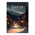 Davos - Poster showcasing a winter evening in Davos, Switzerland with snow-covered houses and mountains.