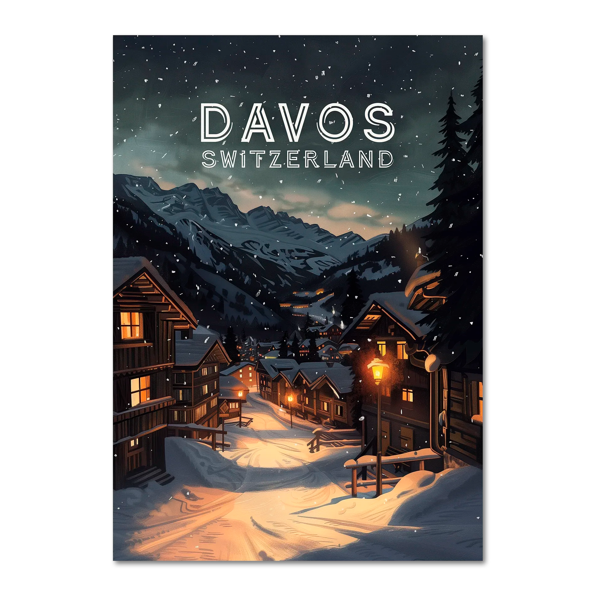 Davos - Poster showcasing a winter evening in Davos, Switzerland with snow-covered houses and mountains.