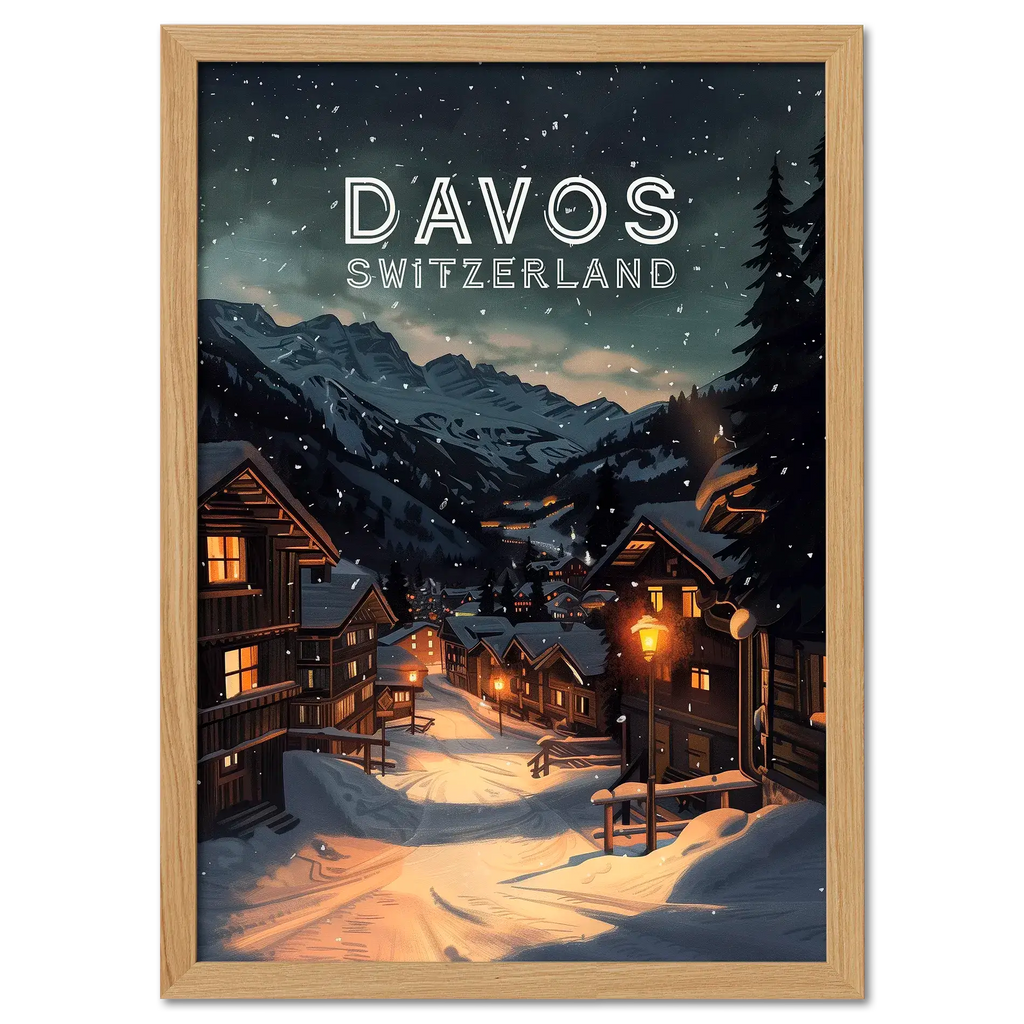 Davos - Poster showcasing a serene winter scene with cozy buildings and snowy mountains in Switzerland.