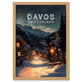 Davos - Poster showcasing a serene winter scene with cozy buildings and snowy mountains in Switzerland.