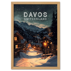 Davos - Poster showcasing a serene winter scene with cozy buildings and snowy mountains in Switzerland.