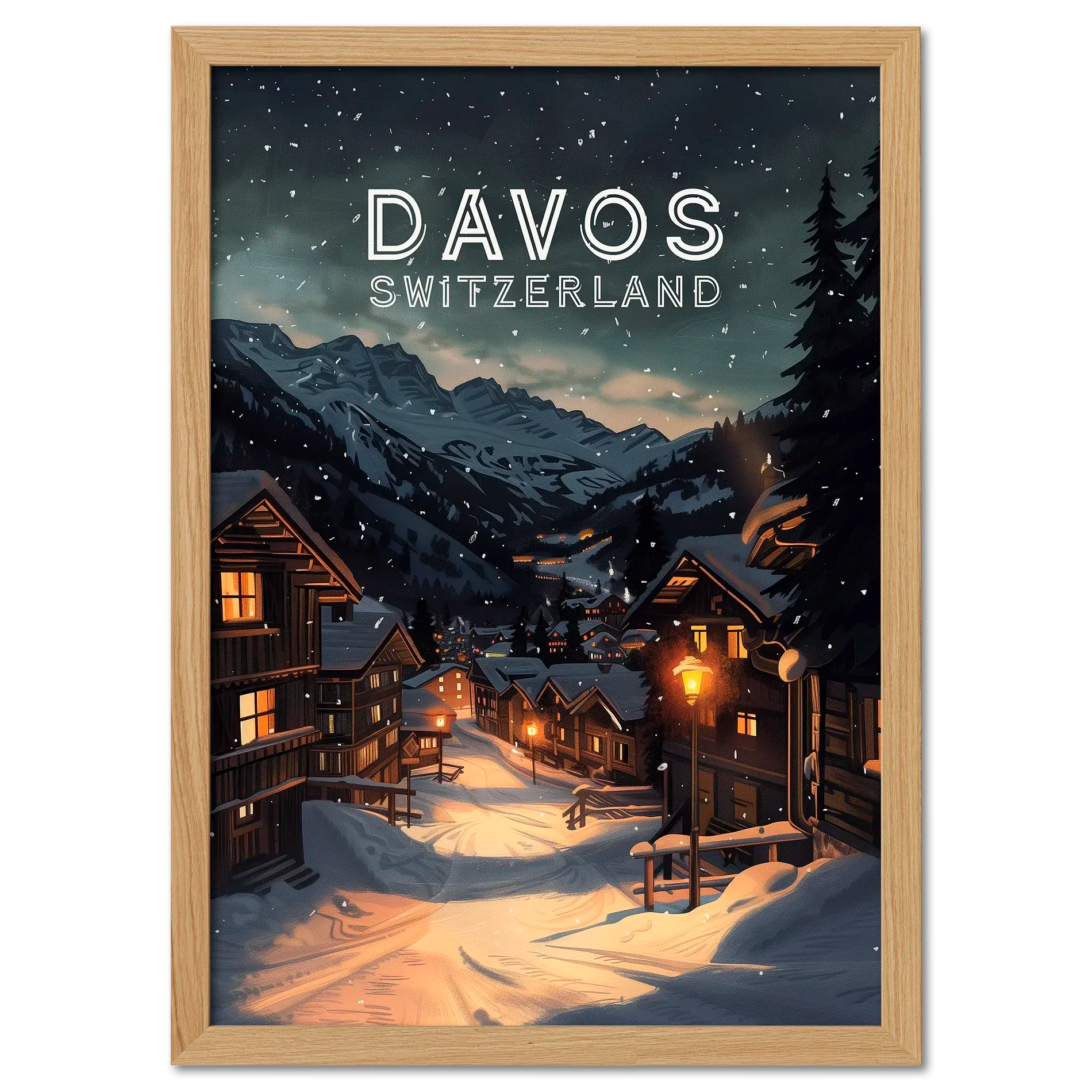Davos - Poster showcasing a serene winter scene with cozy buildings and snowy mountains in Switzerland.
