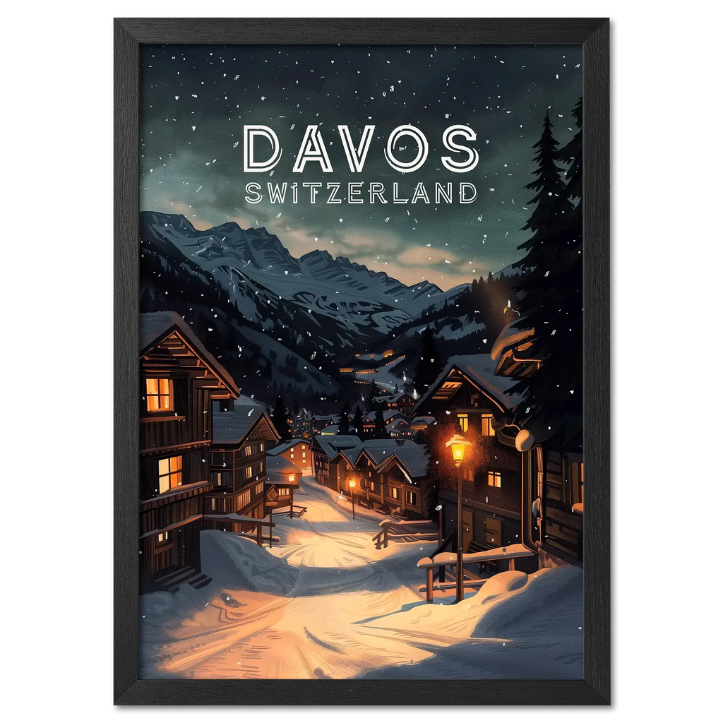 Davos - Poster featuring a peaceful winter evening scene in Davos, Switzerland with snow-covered houses and mountains.
