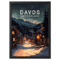 Davos - Poster featuring a peaceful winter evening scene in Davos, Switzerland with snow-covered houses and mountains.