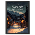 Davos - Poster featuring a peaceful winter evening scene in Davos, Switzerland with snow-covered houses and mountains.