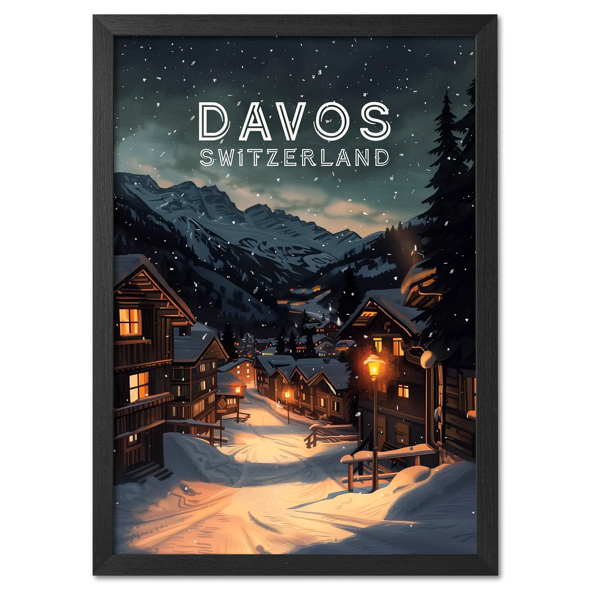 Davos - Poster featuring a peaceful winter evening scene in Davos, Switzerland with snow-covered houses and mountains.
