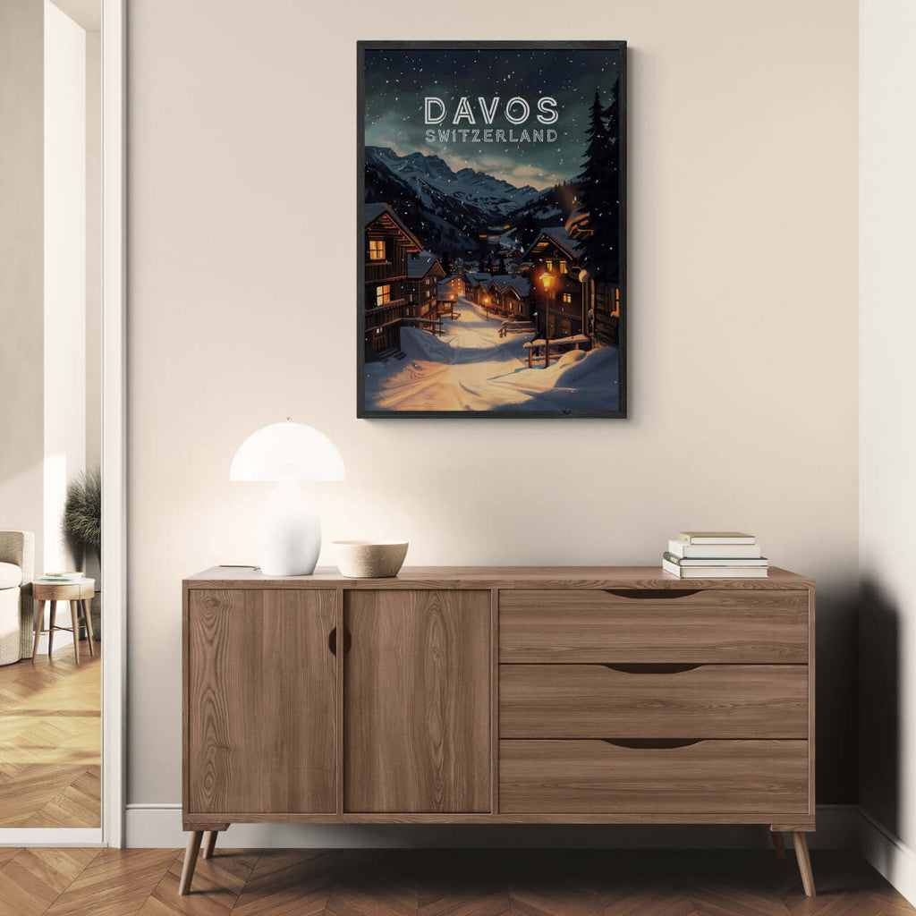 Davos - Poster showcasing a serene winter evening in Davos, Switzerland, featured in modern minimalist interior.