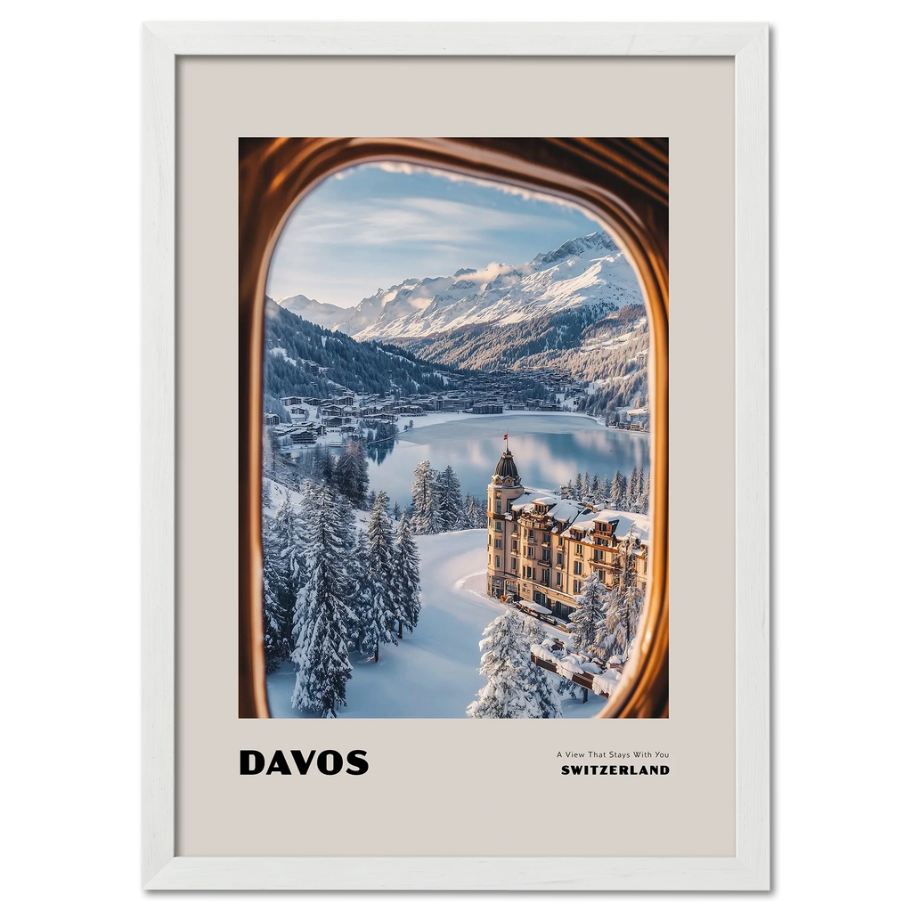 Davos - A View That Stays With You - Poster showcasing a winter scene of snowy mountains and lake through a train window.