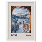 Davos - A View That Stays With You - Poster showcasing a winter scene of snowy mountains and lake through a train window.