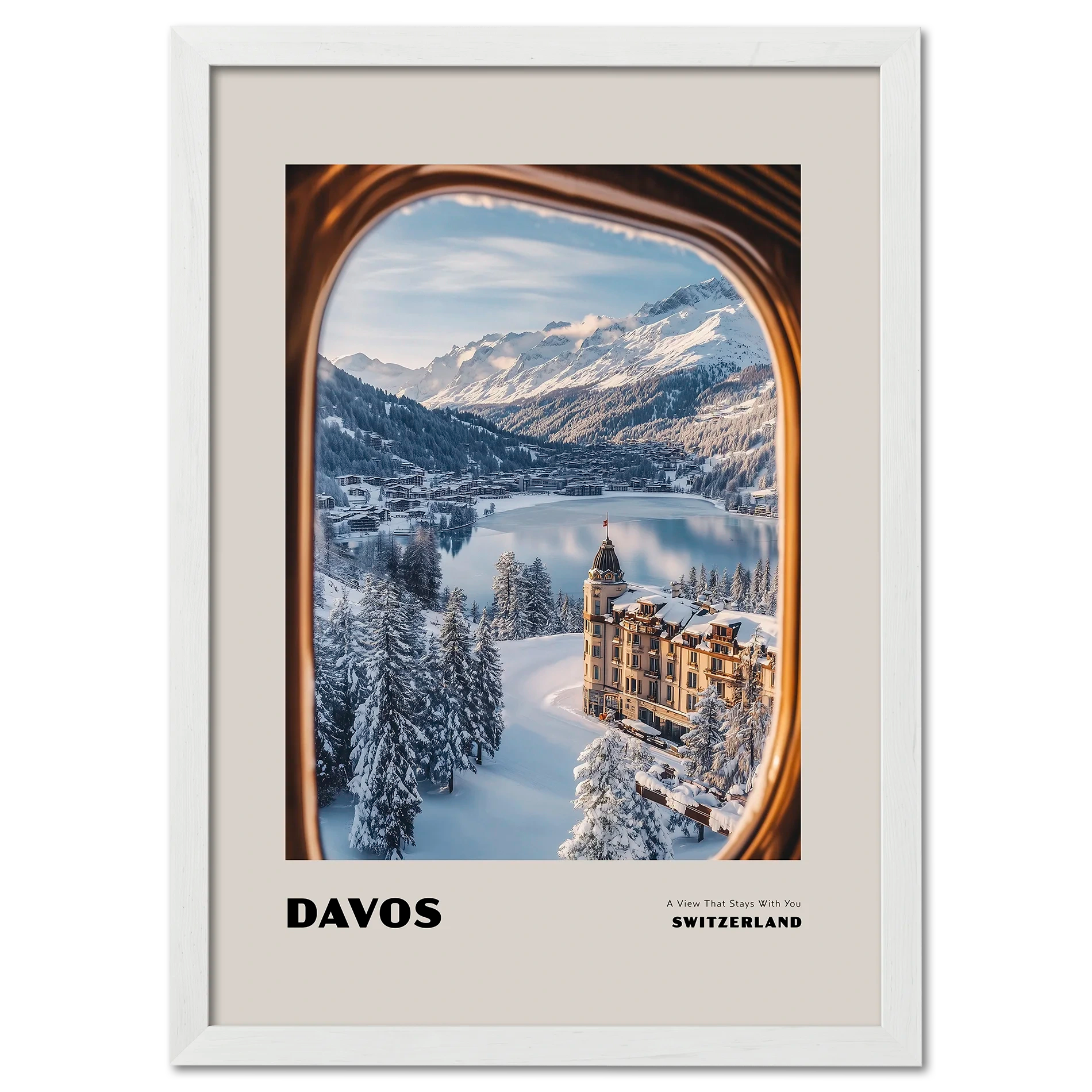 Davos - A View That Stays With You - Poster showcasing a winter scene of snowy mountains and lake through a train window.