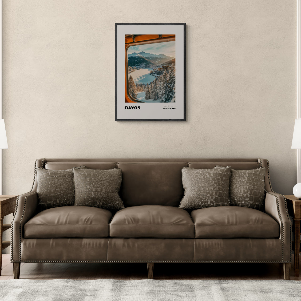 Davos - 1560m Above Sea Level - Poster displayed above a brown couch in a modern living room setting.