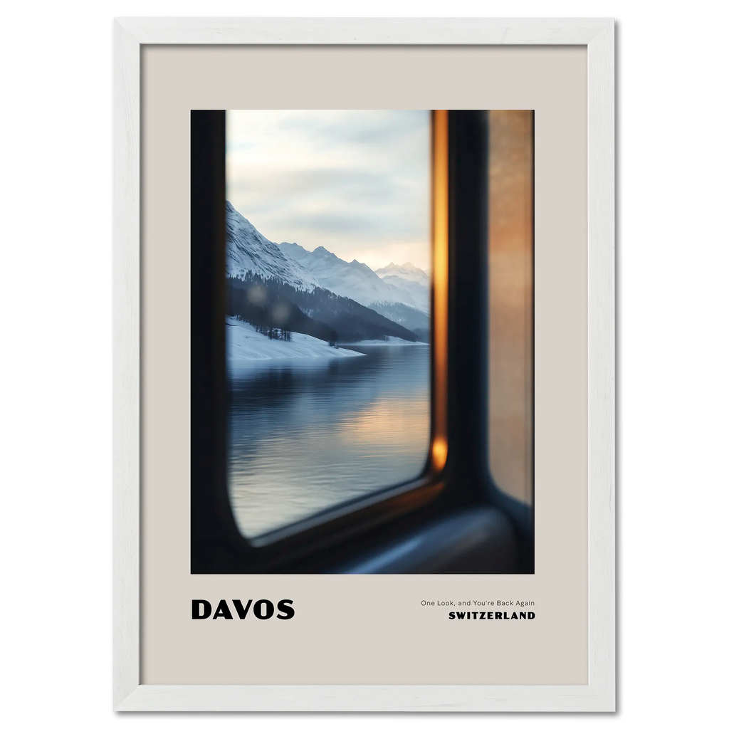 Davos - One Look, and You’re Back Again - Poster, a serene winter view from a train window, wall art