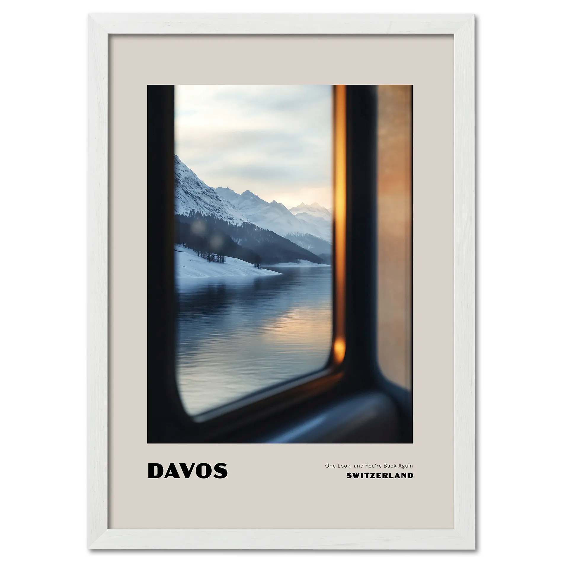 Davos - One Look, and You’re Back Again - Poster, a serene winter view from a train window, wall art
