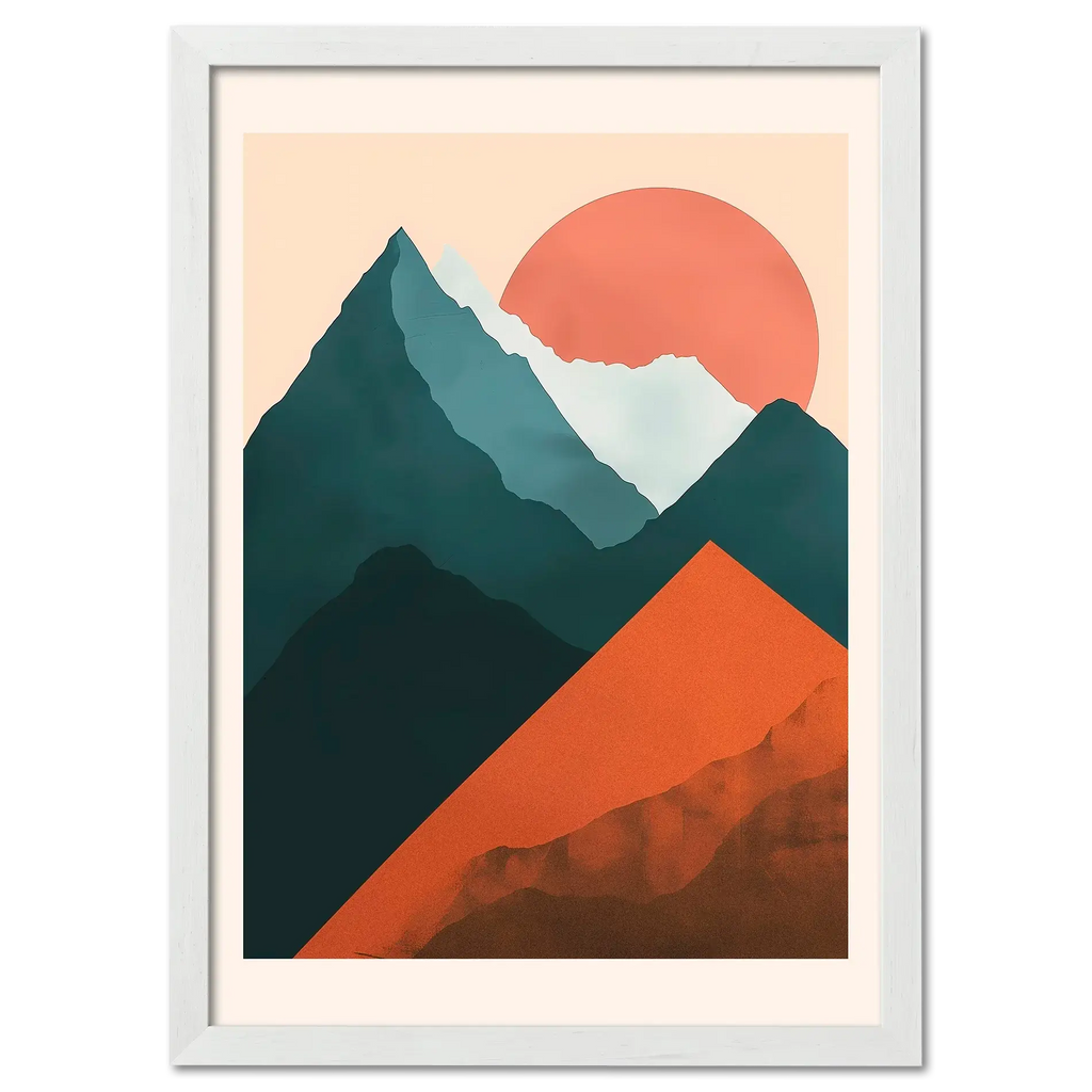 Davos – Winter Retreat - Poster featuring a serene mountain landscape with terracotta hills and a glowing sun.