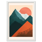 Davos – Winter Retreat - Poster featuring a serene mountain landscape with terracotta hills and a glowing sun.