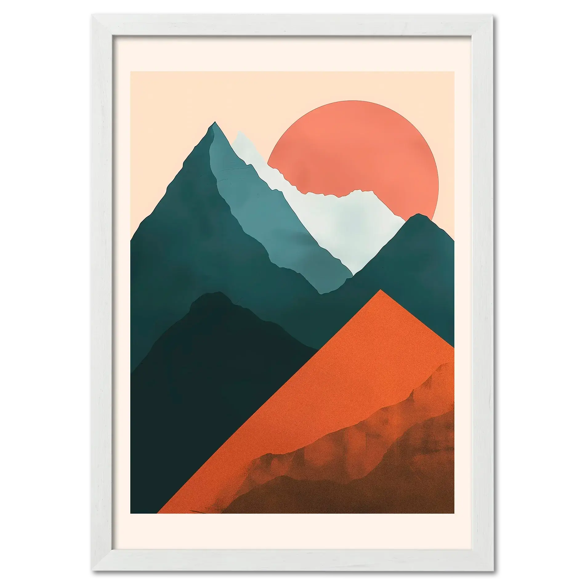 Davos – Winter Retreat - Poster featuring a serene mountain landscape with terracotta hills and a glowing sun.