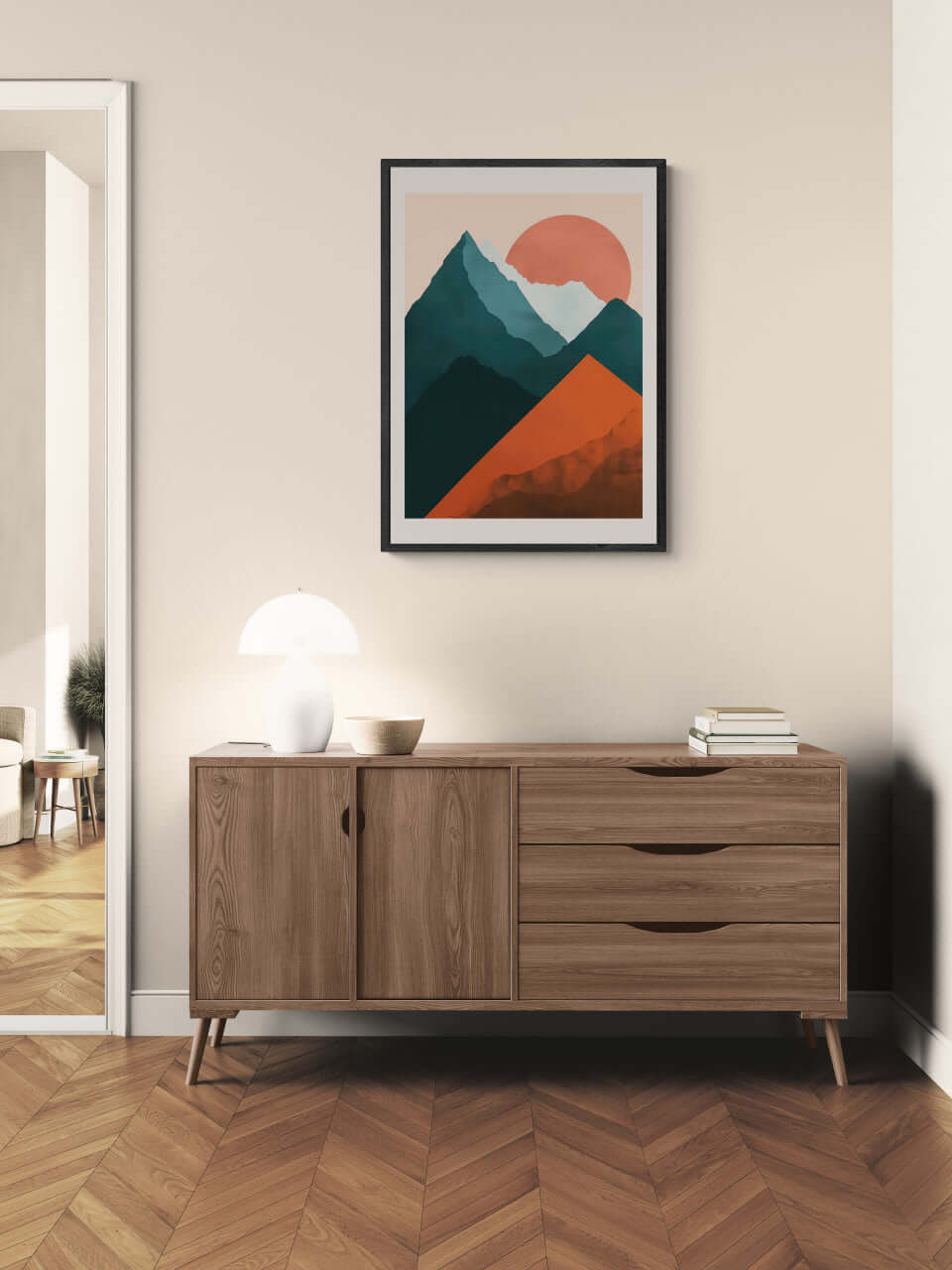Davos – Winter Retreat - Poster showcased in a modern living room above a wooden sideboard.