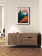 Davos – Winter Retreat - Poster showcased in a modern living room above a wooden sideboard.