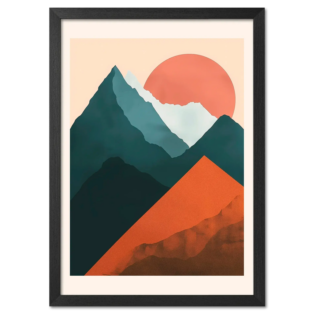 Davos – Winter Retreat - Poster showcasing abstract mountains with a sunrise and bold colors.