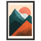 Davos – Winter Retreat - Poster showcasing abstract mountains with a sunrise and bold colors.