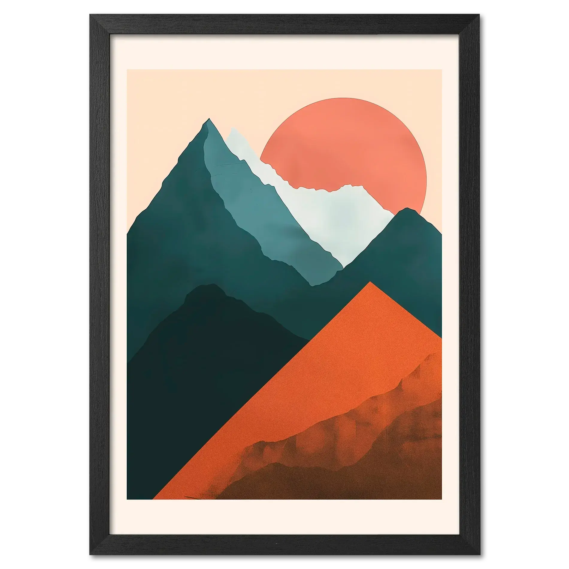 Davos – Winter Retreat - Poster showcasing abstract mountains with a sunrise and bold colors.