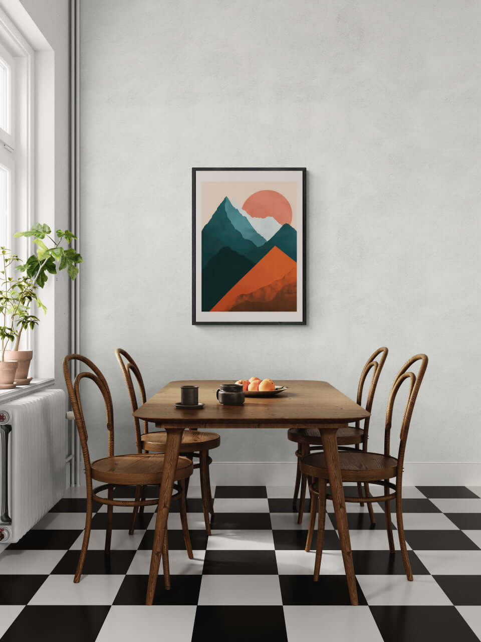 Davos – Winter Retreat - Poster displayed in a modern dining room with a wooden table and chairs, featuring a stylish mountain scene.