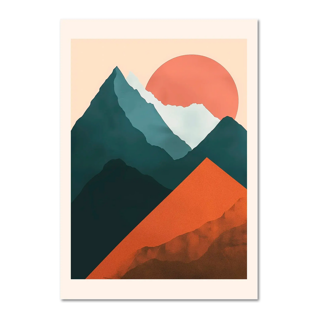 Davos – Winter Retreat - Poster featuring modern winter mountain scene with a sunset and terracotta hills.