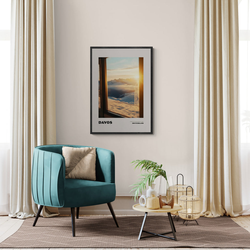Davos - A Moment Suspended in Light - Poster framed in a modern interior with warm lighting and cozy decor.