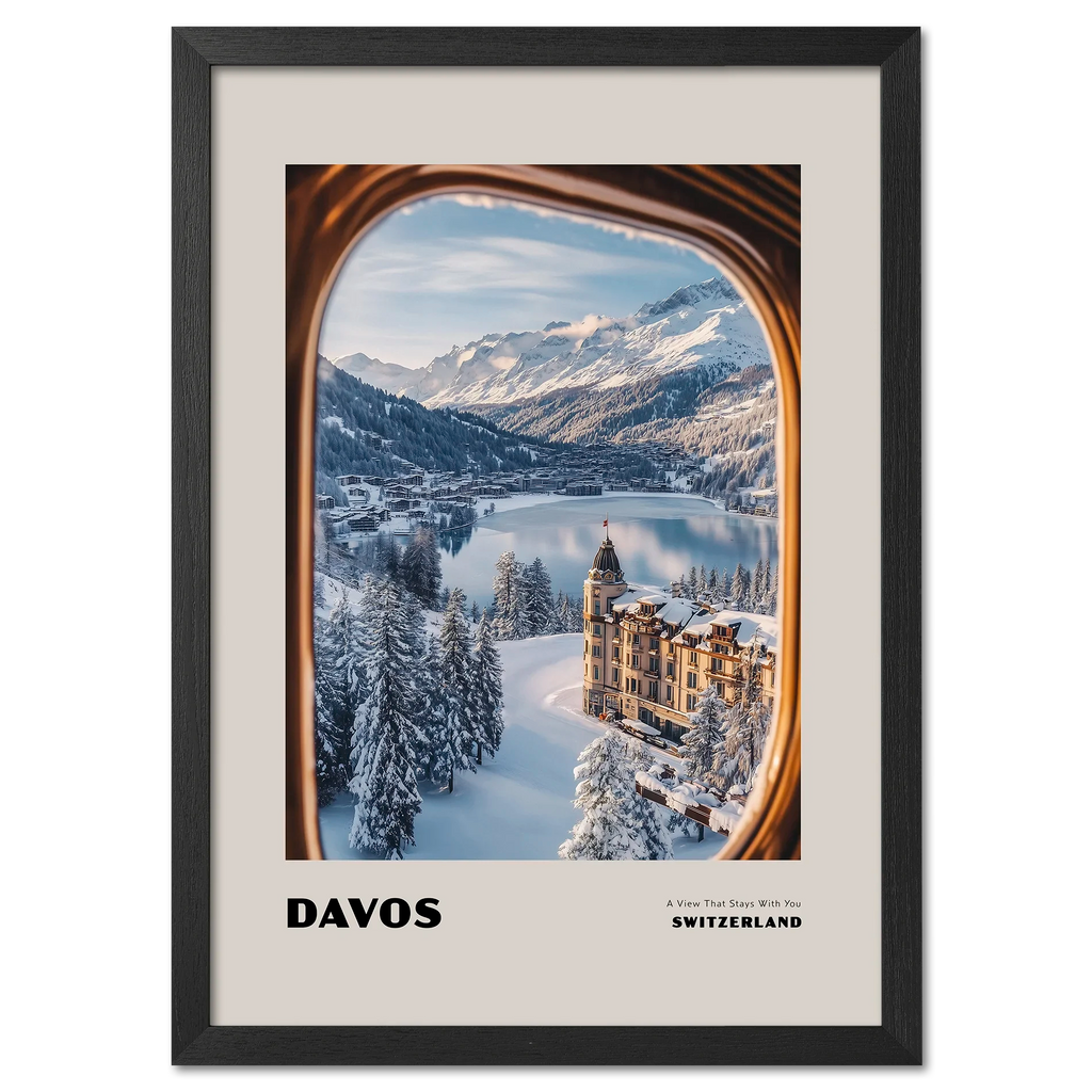 Davos - A View That Stays With You - Poster showing winter view through train window with snow-covered landscape.