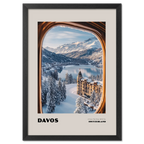 Davos - A View That Stays With You - Poster showing winter view through train window with snow-covered landscape.