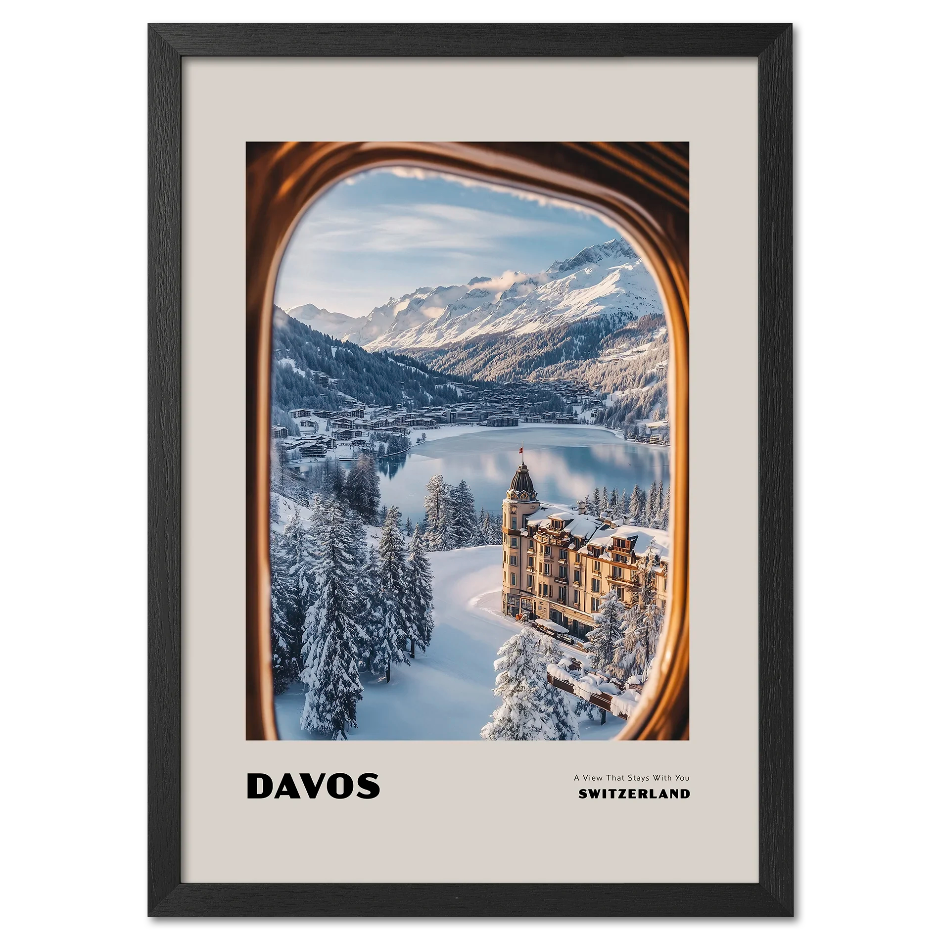 Davos - A View That Stays With You - Poster showing winter view through train window with snow-covered landscape.