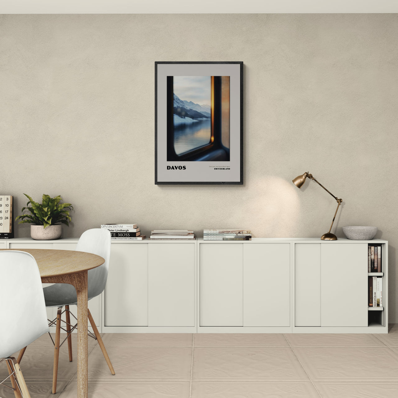 Davos - One Look, and You’re Back Again - Poster displayed in a modern room featuring wall art.