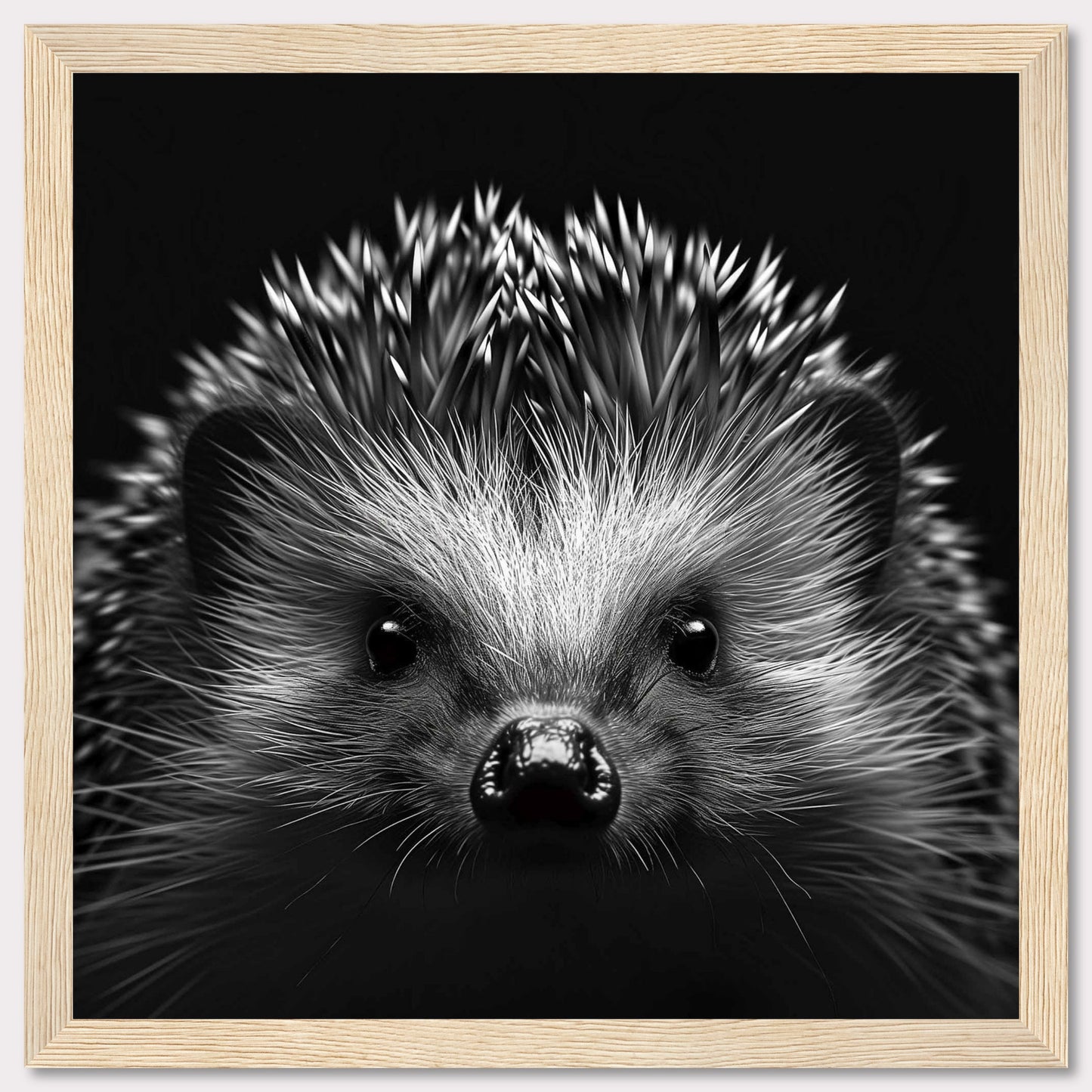 This captivating black and white photograph showcases the adorable face of a hedgehog, with its quills prominently displayed. The close-up shot emphasizes the intricate details of its fur and the curious expression in its eyes.