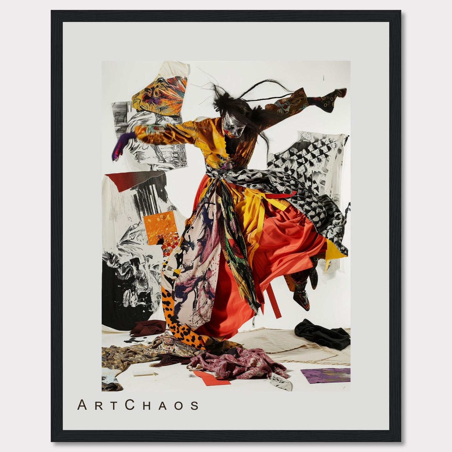 This captivating artwork features a dynamic figure in vibrant, flowing attire, seemingly caught in mid-motion. The background is a collage of abstract patterns and textures, adding depth and intrigue to the piece. The mix of bold colors and chaotic elements creates a sense of energy and movement.