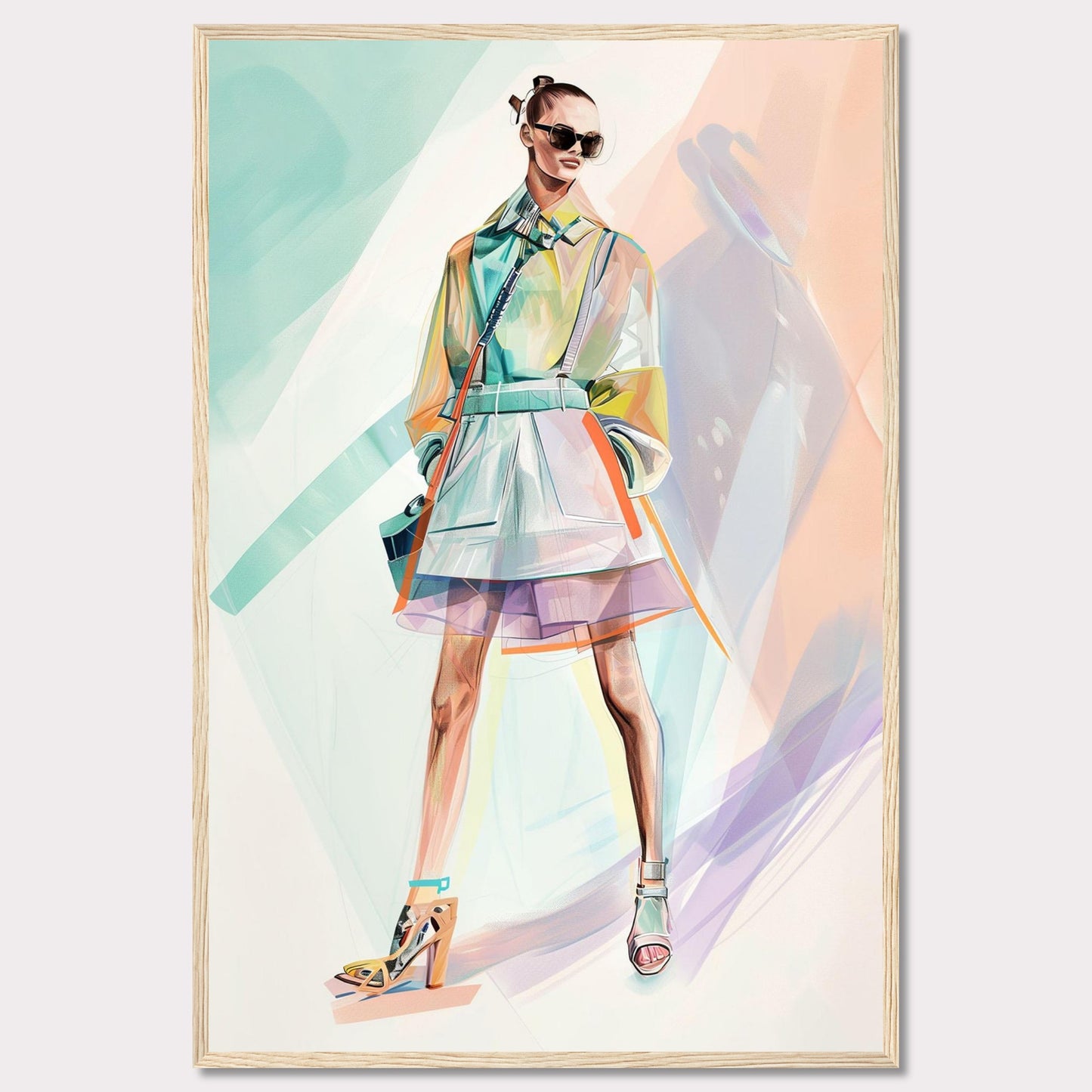 This stunning artwork features a stylish figure in a vibrant, modern outfit. The person is wearing a colorful, translucent coat over a layered skirt, with high-fashion heels and chic sunglasses. The background is an abstract blend of pastel colors, enhancing the fashionable vibe.