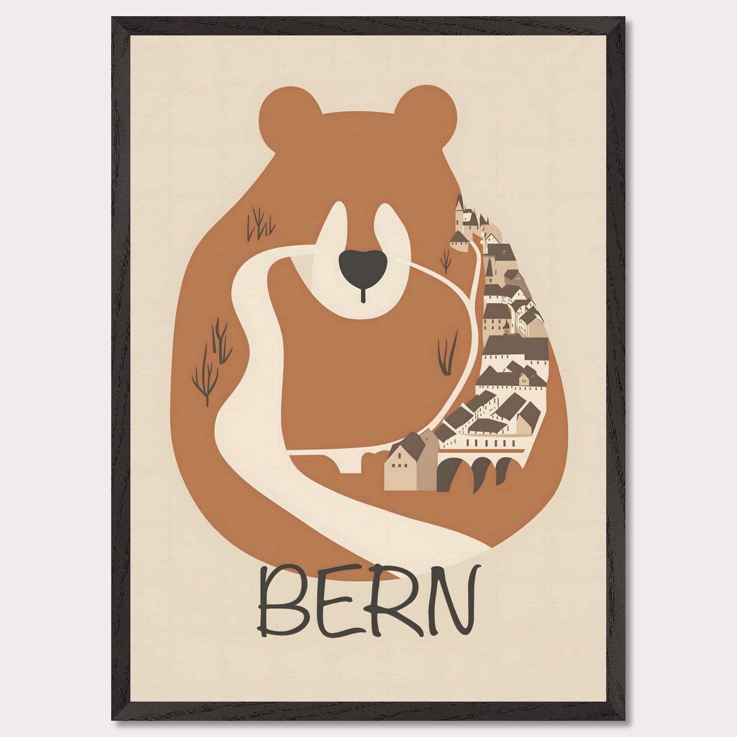 This charming poster features a stylized depiction of Bern, Switzerland, where the iconic bear—symbol of the city—seamlessly merges with the winding streets and historic architecture. The earthy tones and minimalist design evoke a sense of warmth and tradition, reflecting the city's rich history and natural surroundings.