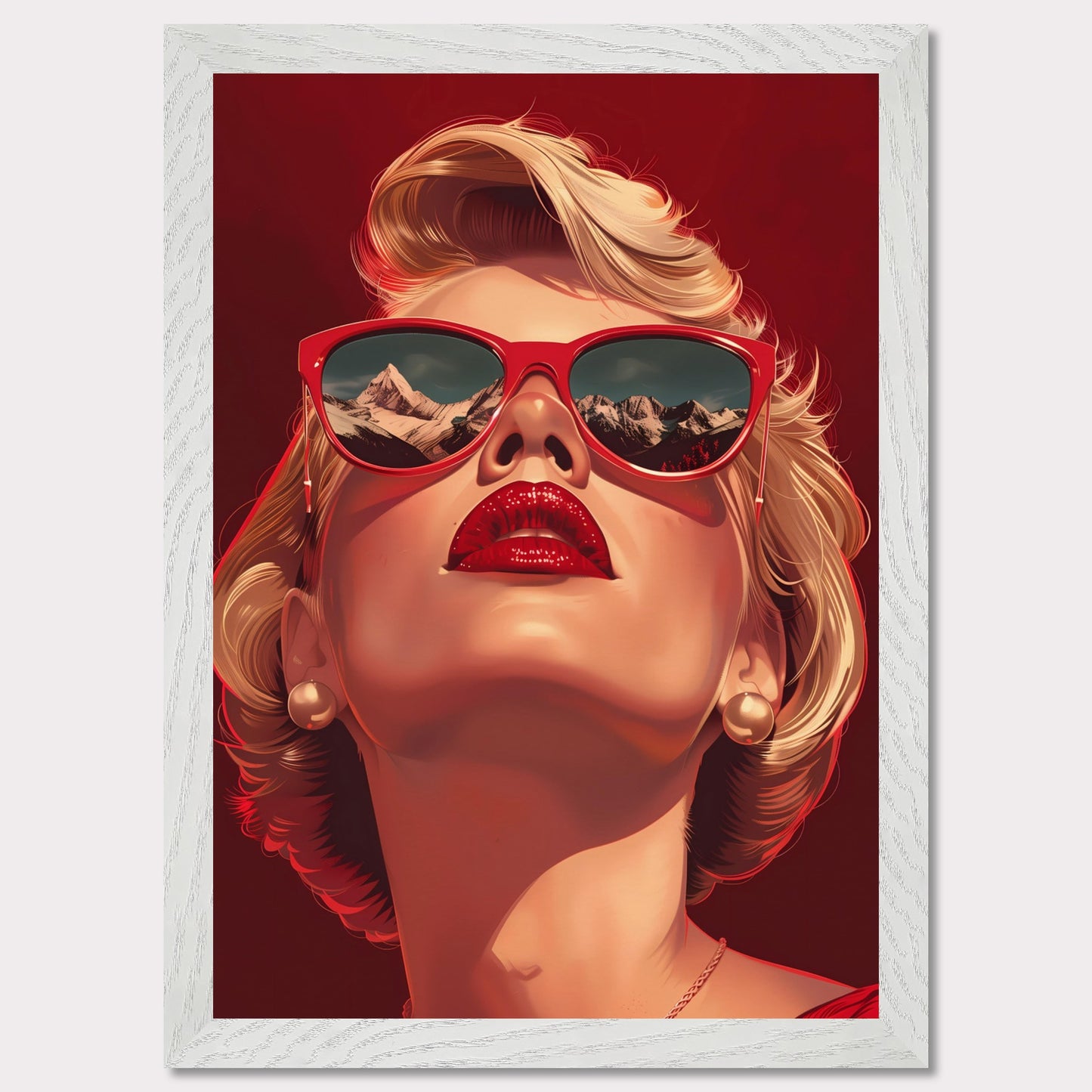 This striking artwork features a glamorous woman with blonde hair, wearing bold red sunglasses that reflect a stunning mountain landscape. Her vibrant red lips and pearl earrings add to the sophisticated and stylish aura of the piece.