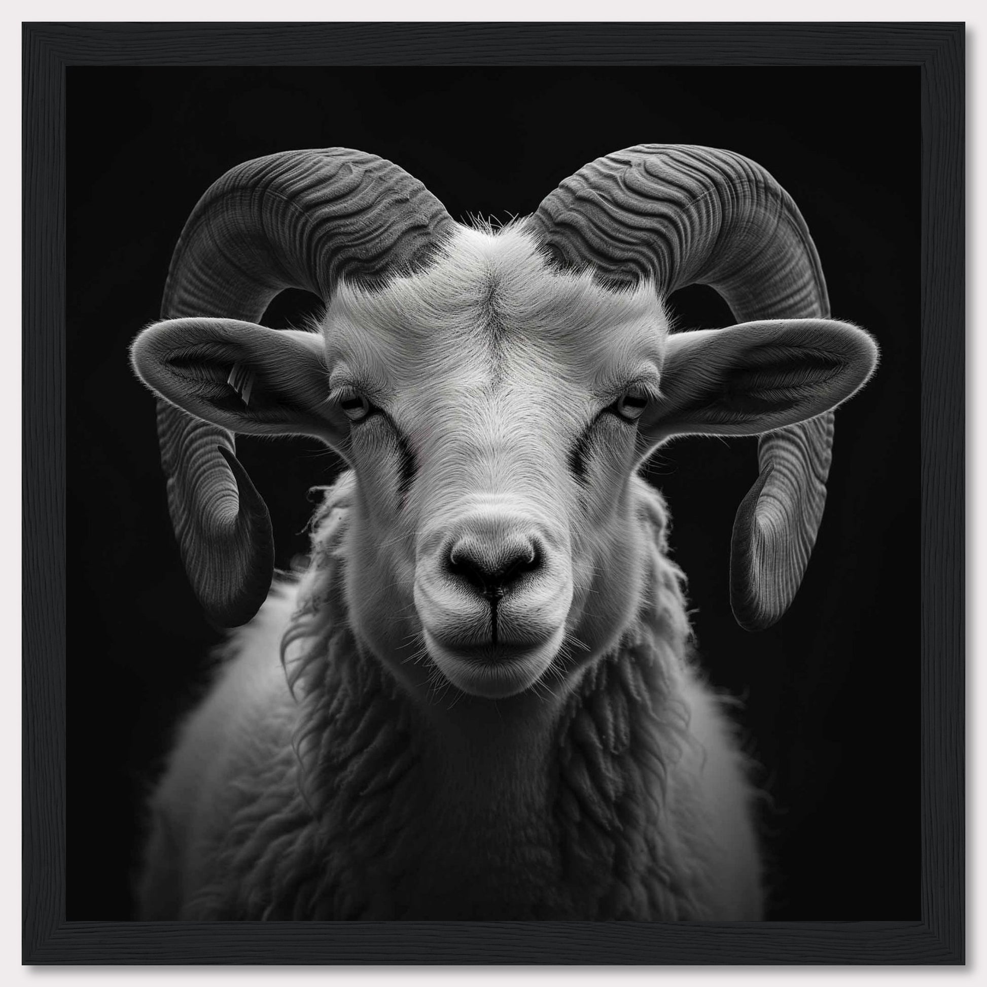 This striking black and white photograph captures the majestic presence of a ram with impressive, curved horns. The detailed texture of its fur and the intensity in its eyes are beautifully highlighted against a dark background.