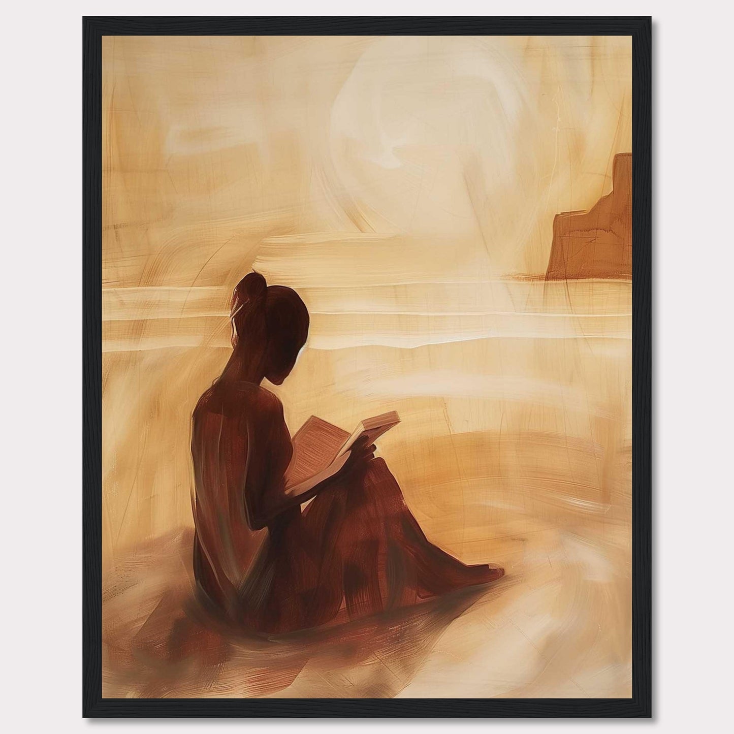 This serene painting captures a solitary figure engrossed in a book, seated on a tranquil beach with the sun setting in the background.