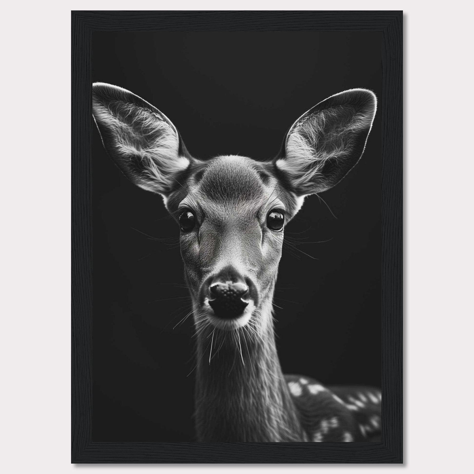 This captivating black and white photograph features a close-up of a young deer, highlighting its delicate features and expressive eyes. The dark background accentuates the deer's soft fur and intricate details, creating a striking contrast that draws the viewer in.