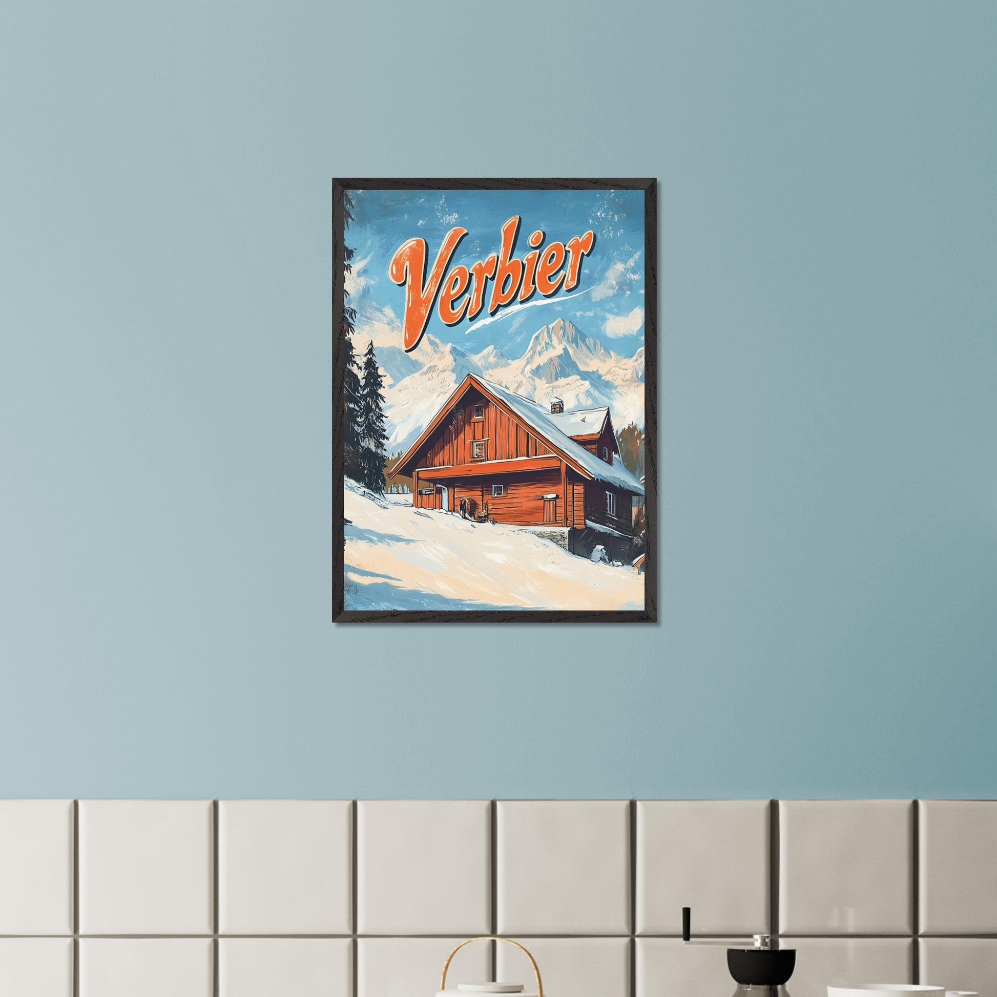 This vintage-inspired poster features a charming wooden chalet nestled against the stunning mountains of Verbier. The warm tones of the cabin contrast beautifully with the snowy landscape and towering peaks, creating a welcoming, serene winter scene. The retro design with bold typography invites viewers to imagine a peaceful retreat in the heart of the Swiss Alps, where adventure and comfort come together.