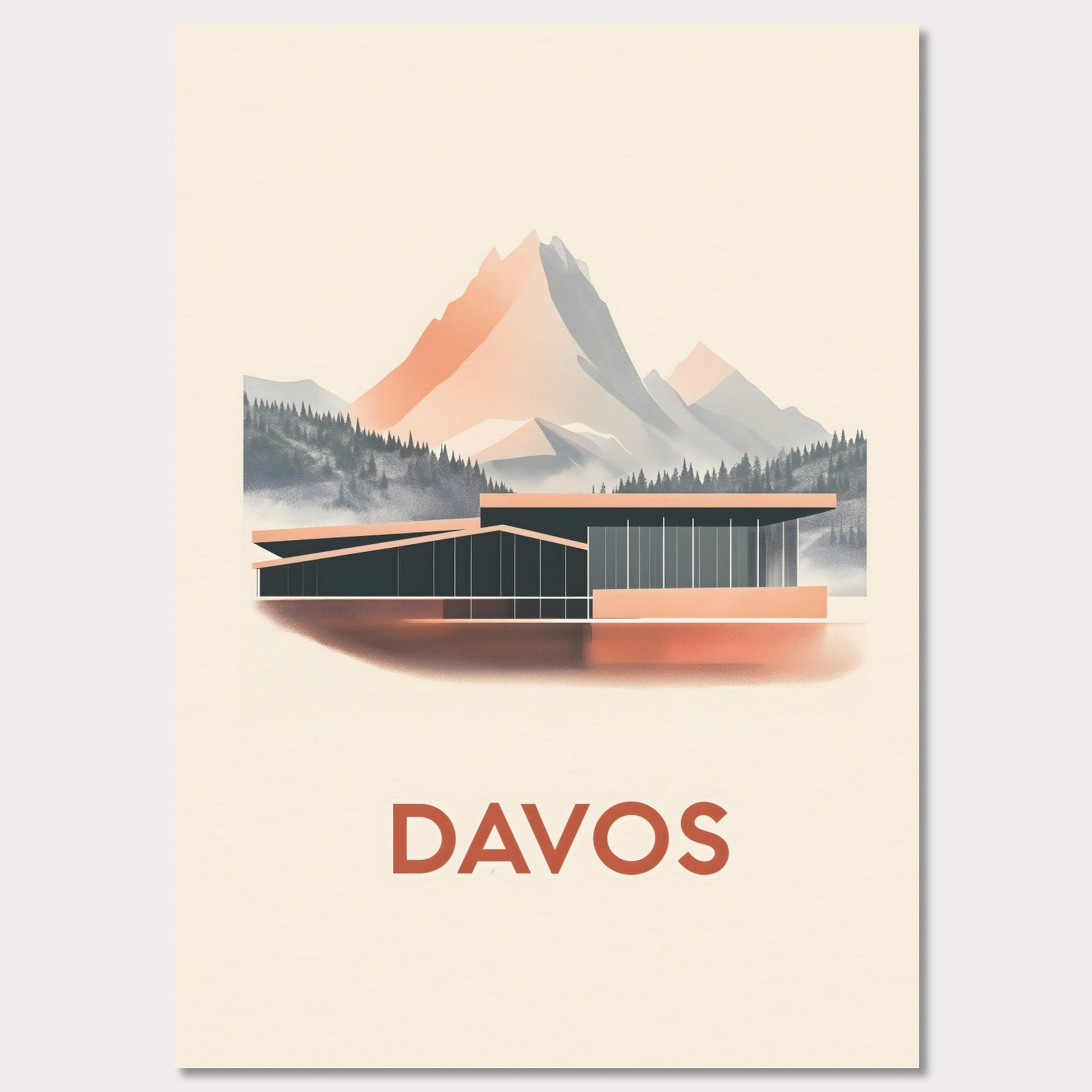 A refined travel poster showcasing Davos' modern architecture against breathtaking alpine peaks. The sleek lines of the building contrast harmoniously with the rugged mountains, embodying the balance between innovation and nature.