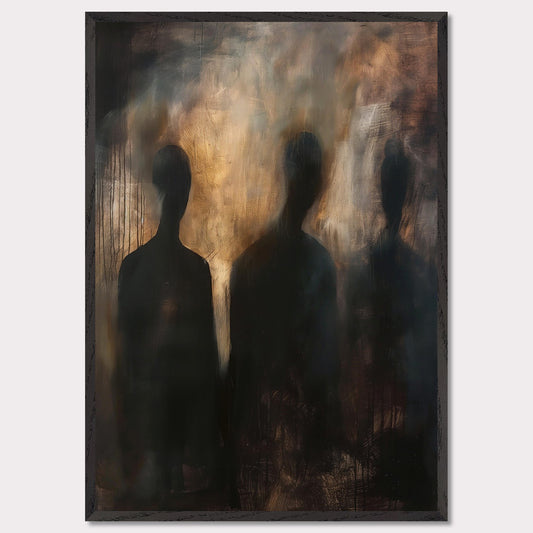 This evocative painting features three shadowy figures set against a smoky, abstract background. The use of dark and muted tones creates a mysterious and haunting atmosphere, inviting viewers to contemplate the unknown. The blending of colors and indistinct forms evoke emotions of intrigue and curiosity.