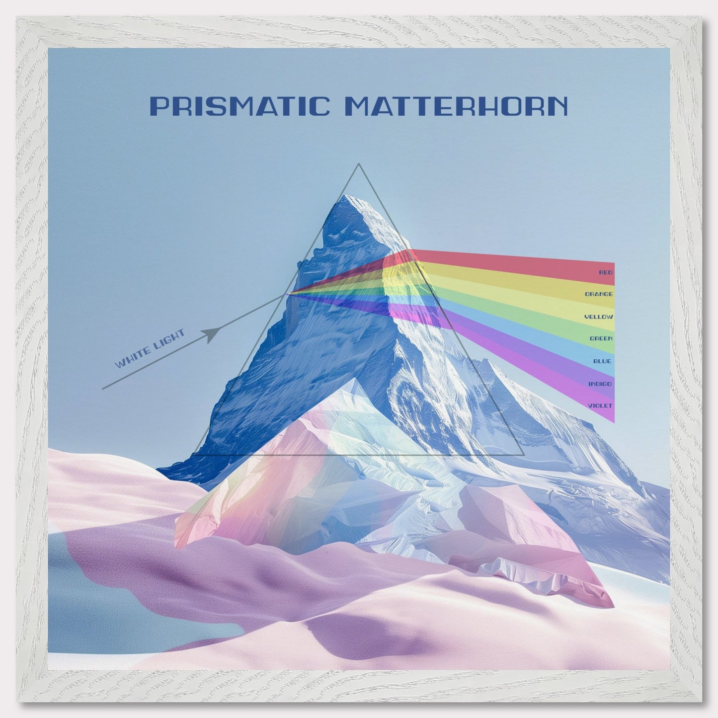 This image features a stunning illustration of the Matterhorn mountain with a prismatic effect. The mountain is depicted as a prism, dispersing white light into a spectrum of colors.