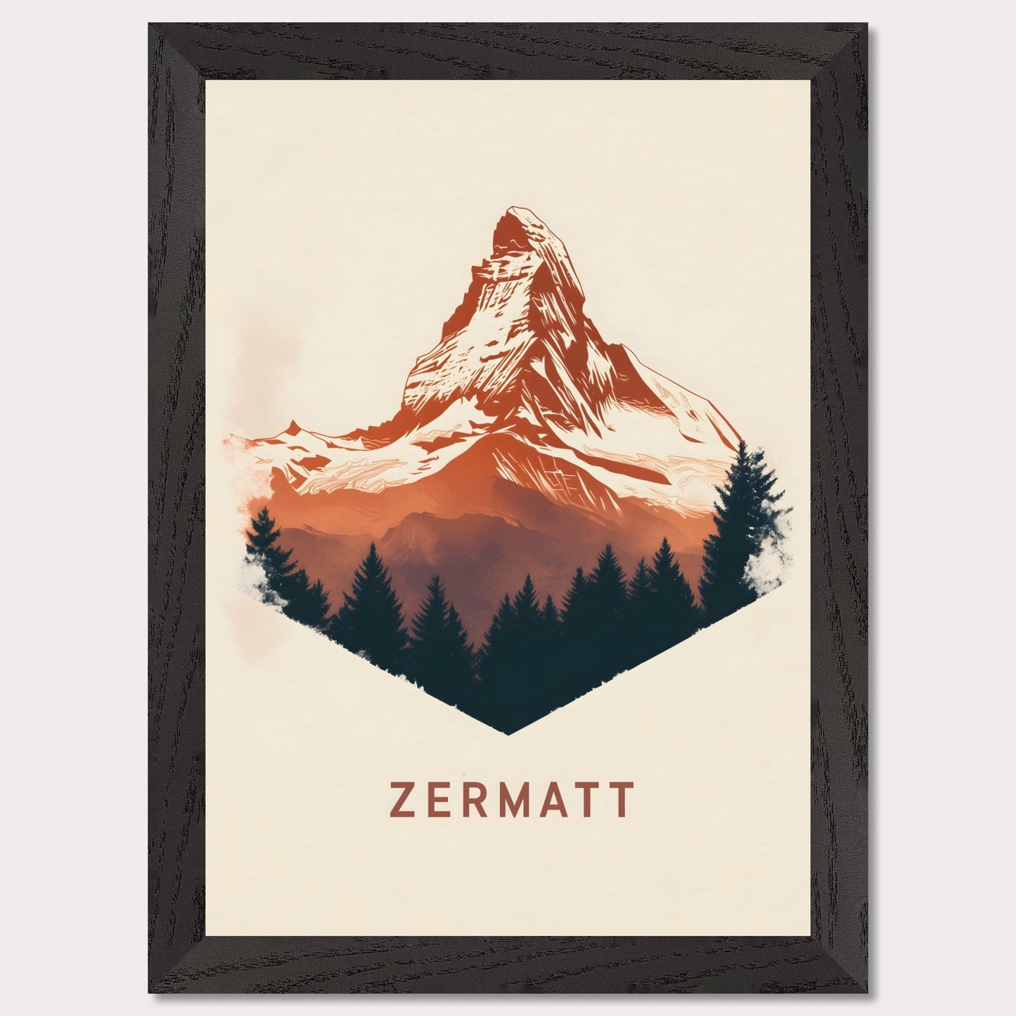 A scenic poster showcasing the breathtaking beauty of Zermatt’s Matterhorn. The rich, painterly textures and natural color palette evoke the serene yet powerful presence of the Alps.