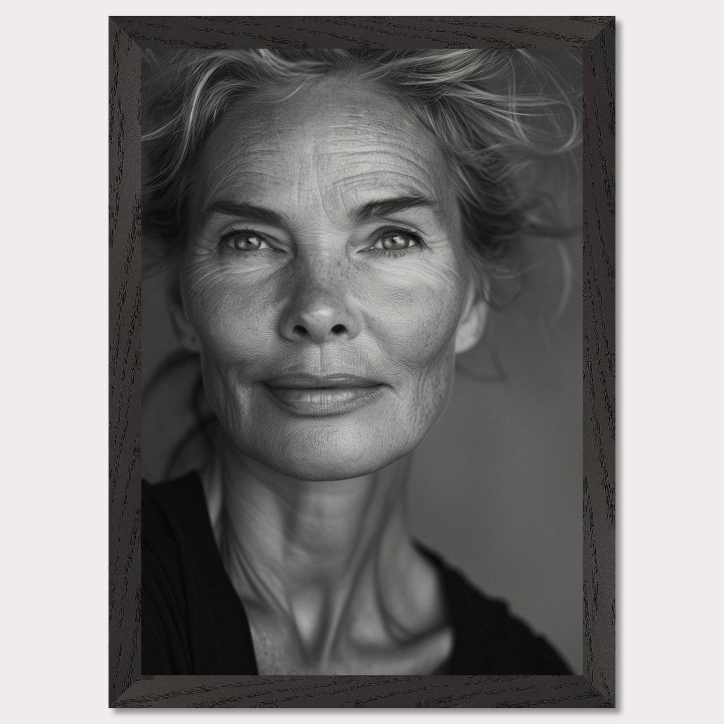 This black and white portrait captures the serene and wise expression of an older woman. Her face is detailed with natural lines and soft shadows, highlighting her graceful aging. The light gently illuminates her features, creating a sense of depth and character.