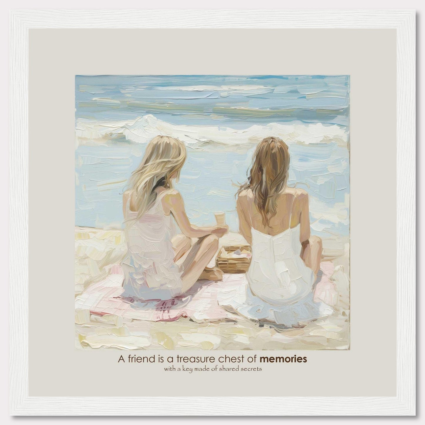 A beautiful painting depicts two women sitting on a beach, facing the ocean. They are engaged in a serene moment, perhaps sharing a conversation or simply enjoying the view. The scene evokes a sense of tranquility and deep friendship. The quote below the image reads, "A friend is a treasure chest of memories with a key made of shared secrets," highlighting the value of close companionship.