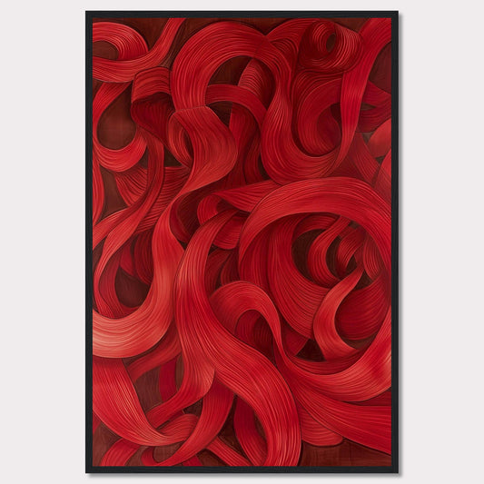 This captivating artwork features a mesmerizing array of red swirls and curves, creating a dynamic and flowing visual experience. The intricate details and rich hues draw the viewer in, evoking a sense of movement and passion.