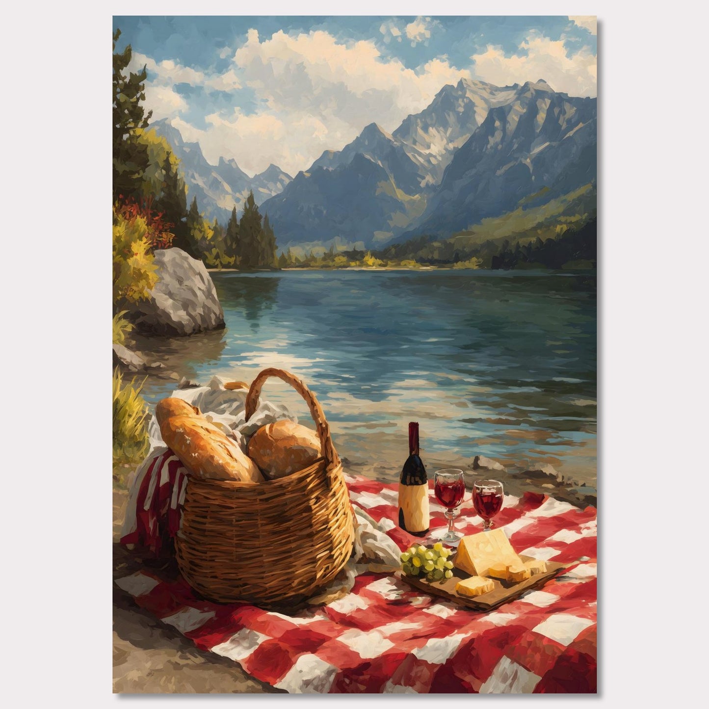 A checkered blanket lies beside a glistening lake, topped with fresh bread, wine, cheese, and grapes. Behind it all, towering mountains create a breathtaking backdrop. The scene celebrates indulgence, nature, and the timeless art of slowing down.