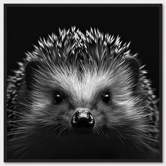 This captivating black and white photograph showcases the adorable face of a hedgehog, with its quills prominently displayed. The close-up shot emphasizes the intricate details of its fur and the curious expression in its eyes.